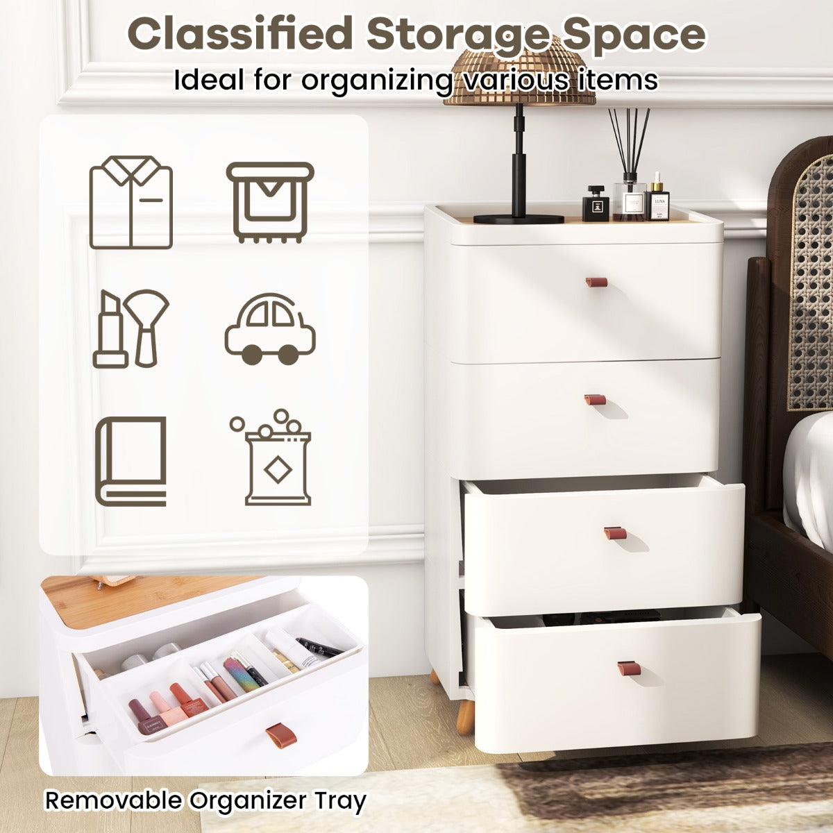 LIVSK Commode met 4 Laden - Uitneembare Opberglade - Bamboe Bovenblad - Voor Slaapkamer en Woonkamer - Voorgemonteerd - Wit