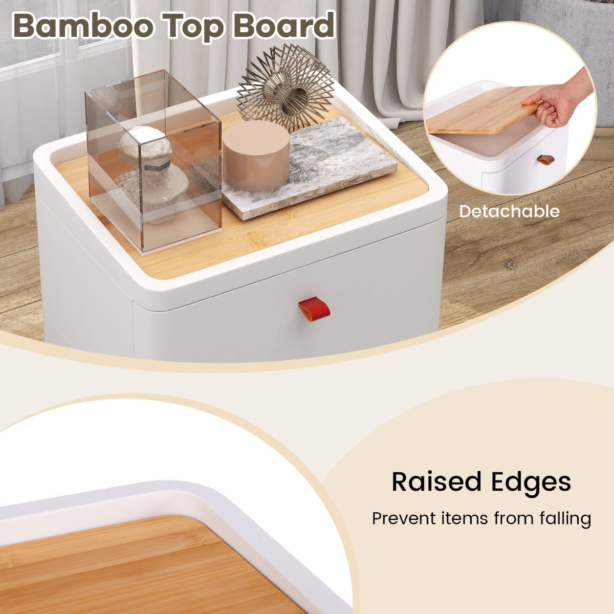 LIVSK Commode met 4 Laden - Uitneembare Opberglade - Bamboe Bovenblad - Voor Slaapkamer en Woonkamer - Voorgemonteerd - Wit