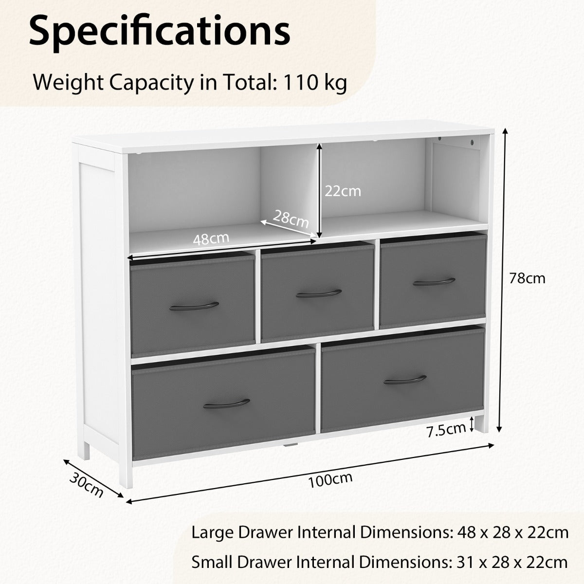 LIVSK Ladekast met 5 Lades - 2 Open Vakken - Inklapbaar - Duurzaam MDF - Totale Afmeting 100 x 30 x 78 cm - Wit + Grijs