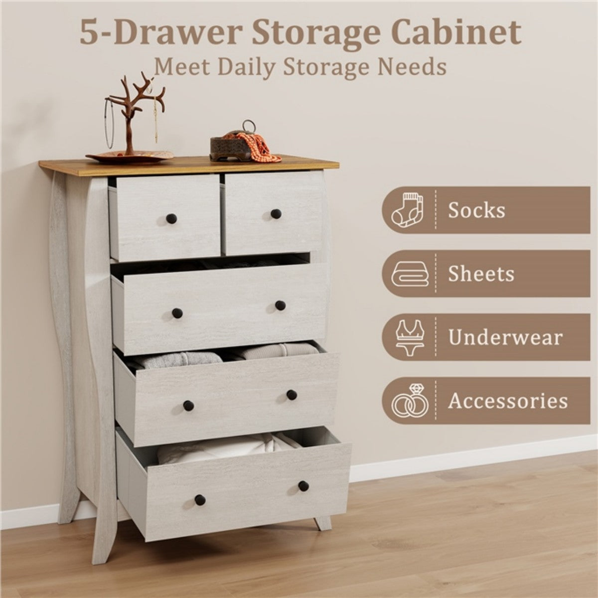 LIVSK Inklapbare Commode met 5 Lades - Duurzaam en Veilig met Kantelbeveiliging - Stijlvol Design - 67,5 x 38,5 x 97 cm -