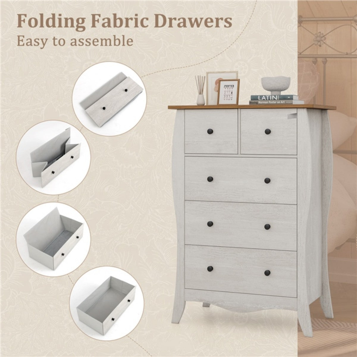 LIVSK Inklapbare Commode met 5 Lades - Duurzaam en Veilig met Kantelbeveiliging - Stijlvol Design - 67,5 x 38,5 x 97 cm -