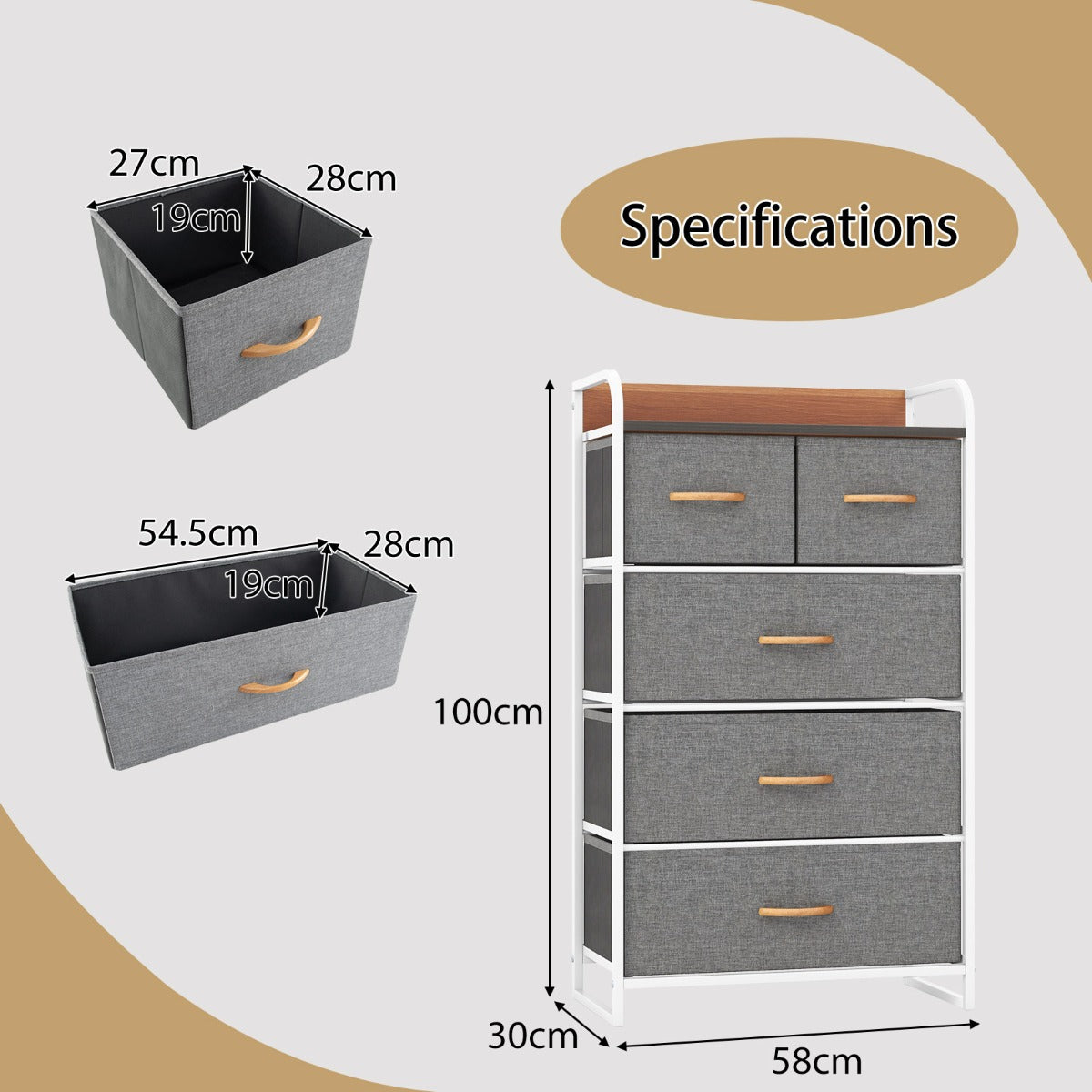 LIVSK Opvouwbare Ladekast - 5 Verwijderbare Lades - Stalen Frame - MDF-blad - Ondersteuning tot 10 kg - 58 x 30 x 100 cm - Zoals