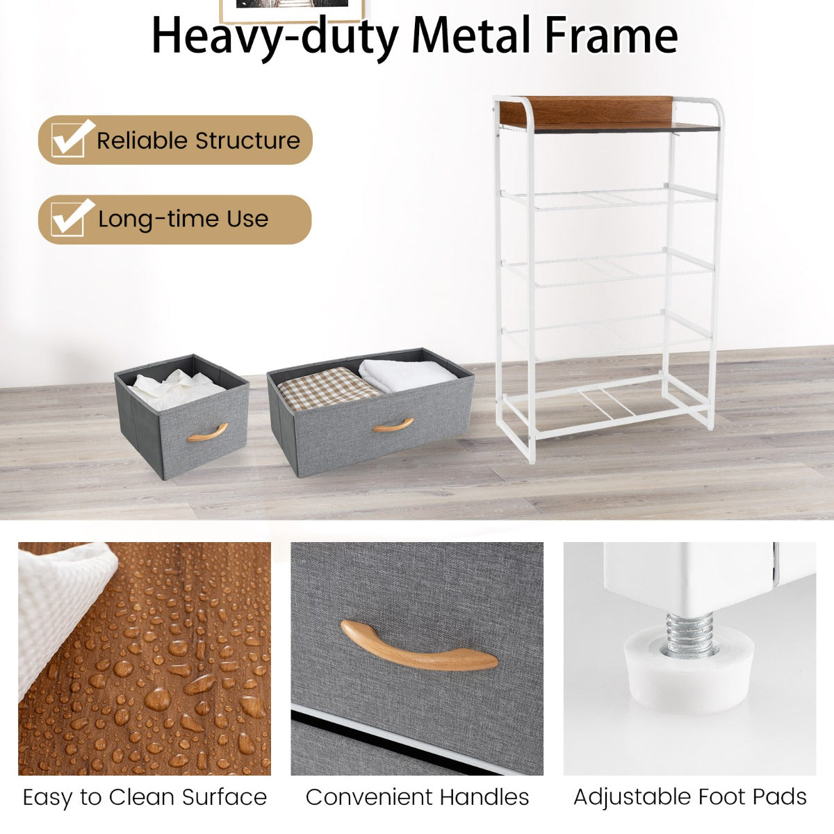 LIVSK Opvouwbare Ladekast - 5 Verwijderbare Lades - Stalen Frame - MDF-blad - Ondersteuning tot 10 kg - 58 x 30 x 100 cm - Zoals