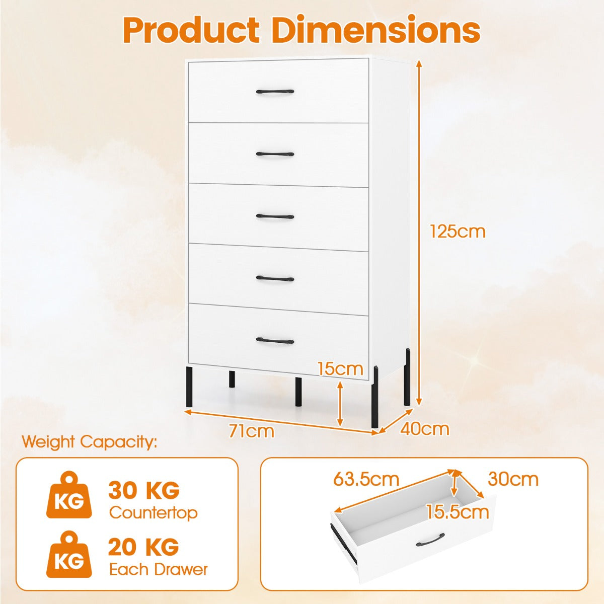 Livsk costway commode met 5 lades houten opbergmeubel met diepe lades en anti kantelsets 2