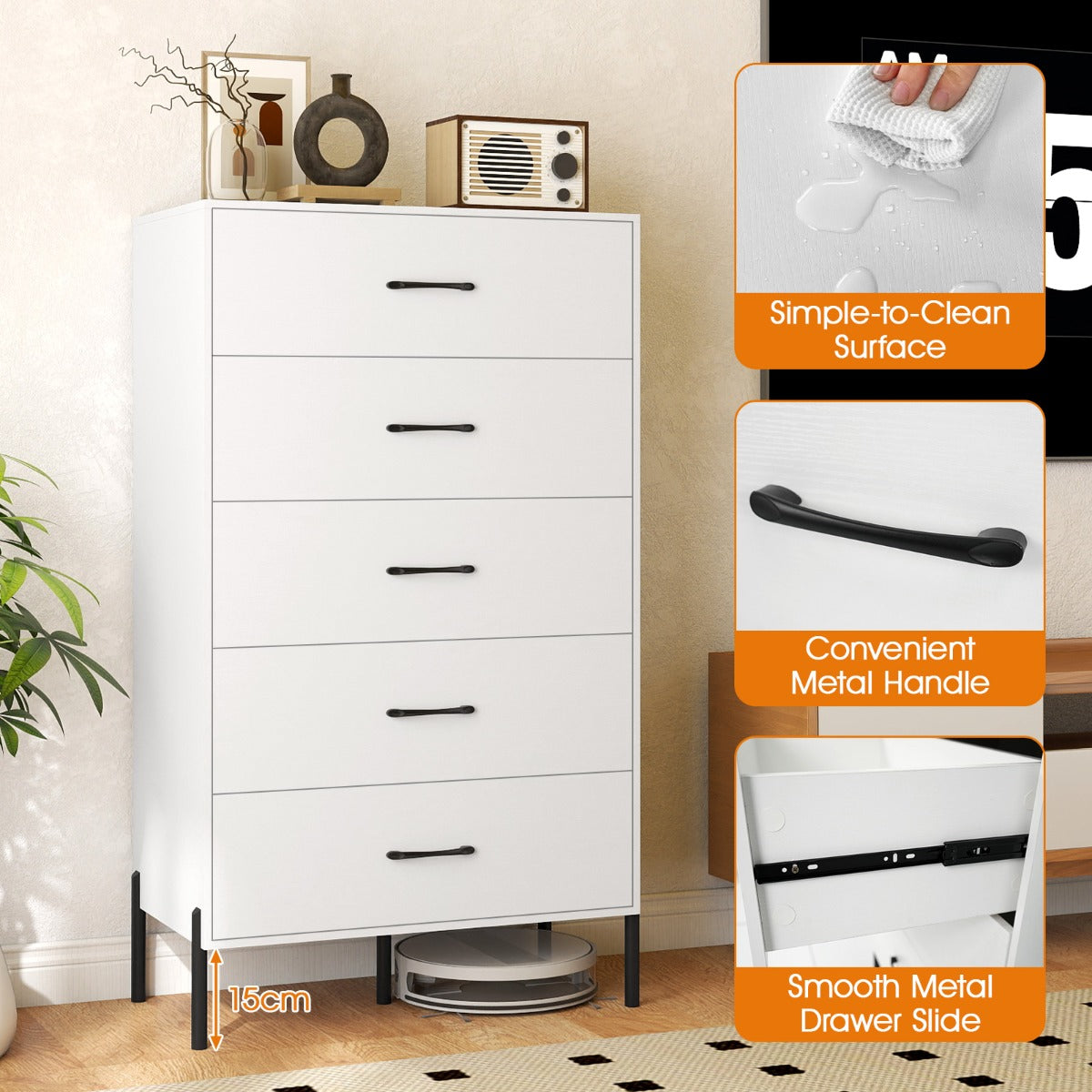 Livsk costway commode met 5 lades houten opbergmeubel met diepe lades en anti kantelsets 3