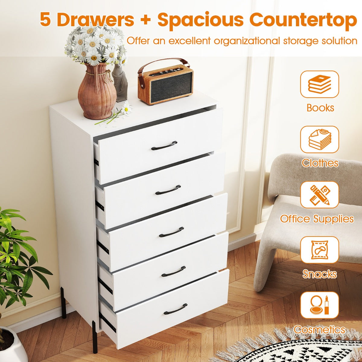 Livsk costway commode met 5 lades houten opbergmeubel met diepe lades en anti kantelsets 4