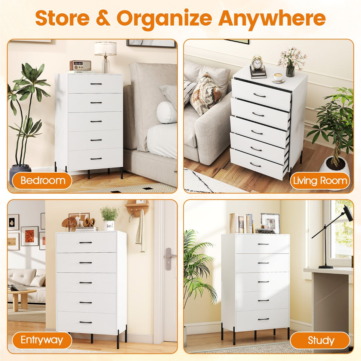Livsk costway commode met 5 lades houten opbergmeubel met diepe lades en anti kantelsets 6