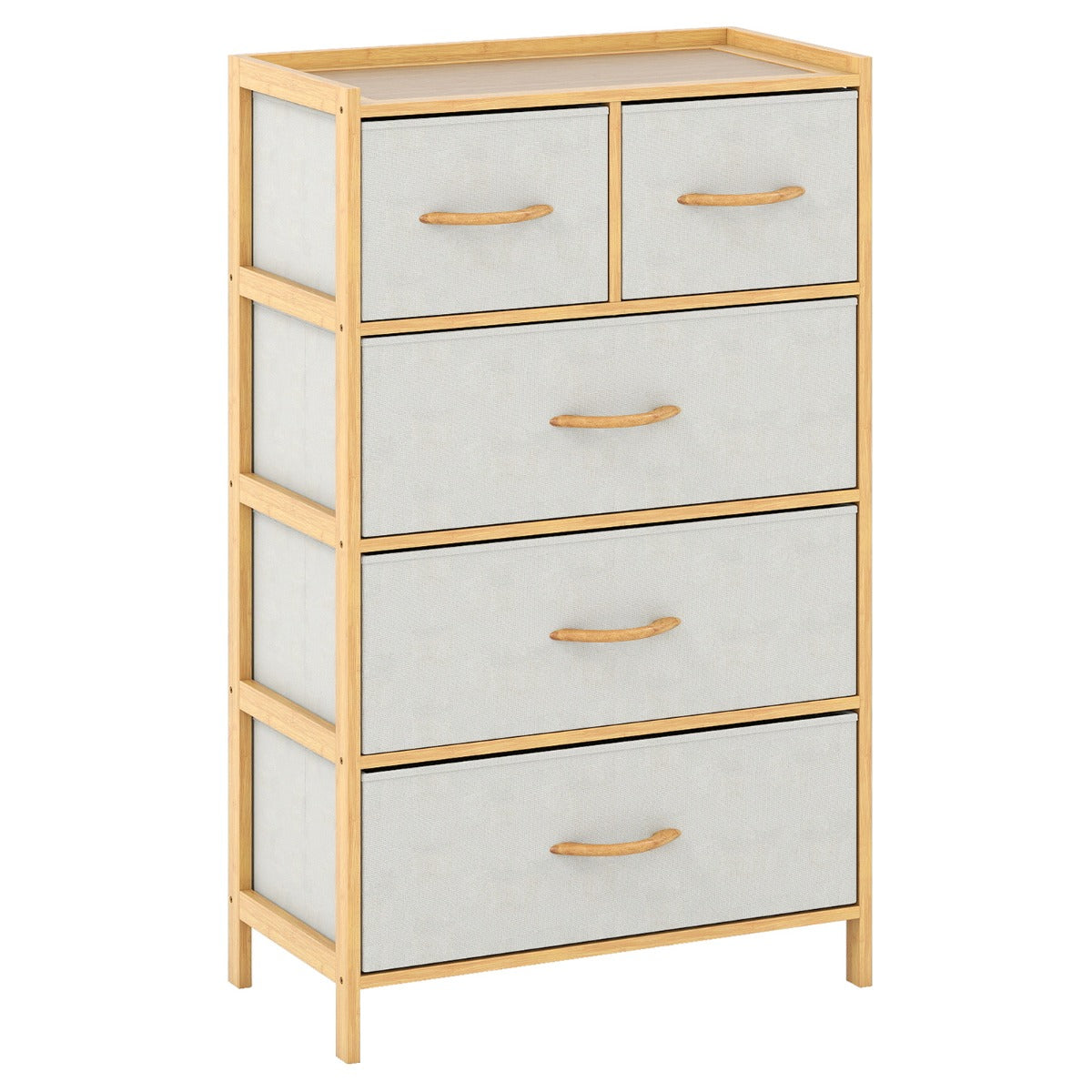 Livsk costway commode met 5 opvouwbare stoffen lades bamboe opbergkast met bovenste plank vrijstaande ladekast naturel