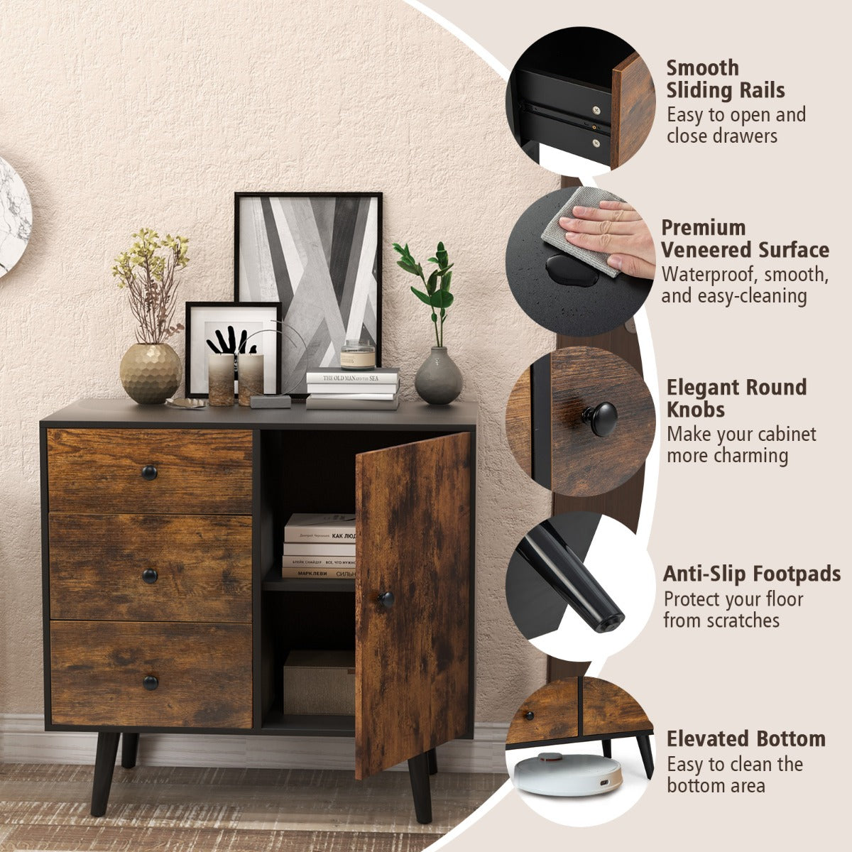 LIVSK Opbergkast Mid-Century - 3 Laden - Verstelbare Plank - Kantelbeveiliging - 73 x 40 x 76,5 cm - Bruin