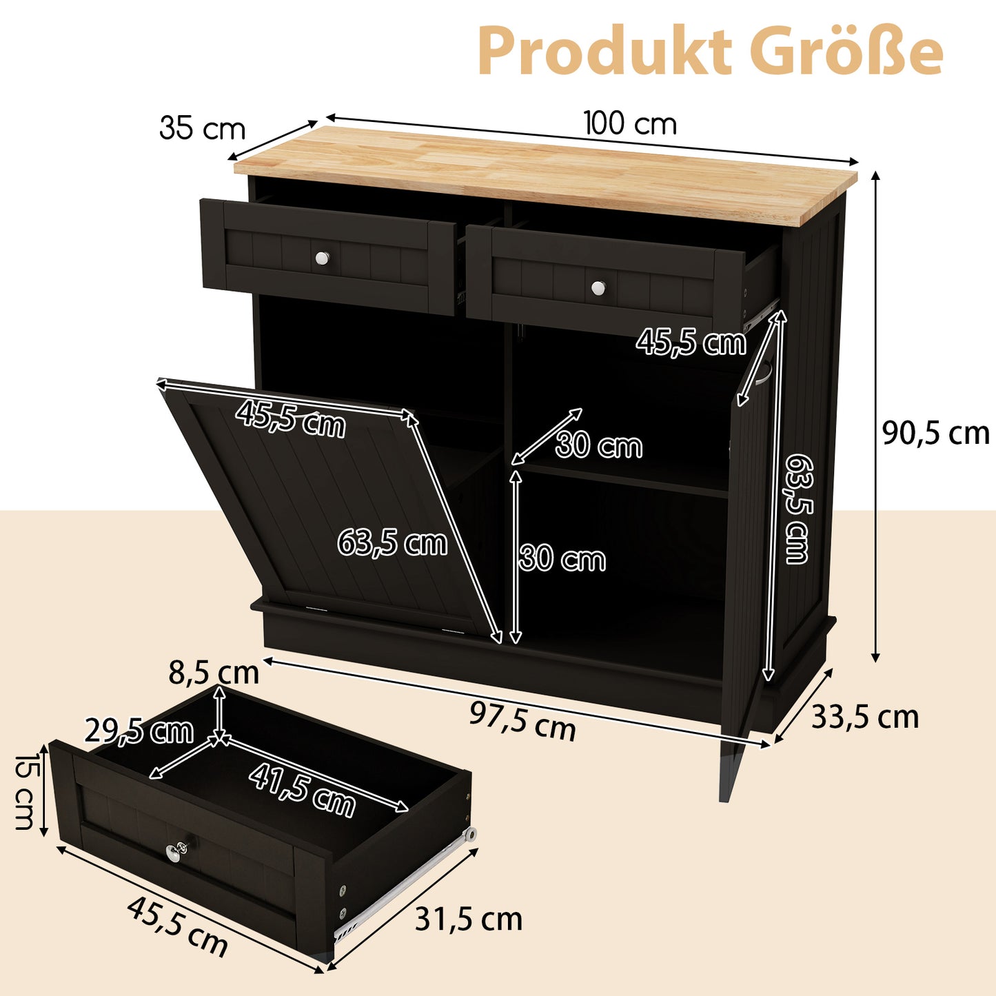 LIVSK Verborgen Vuilnisbak Kast met Werkblad - 2 Lades - Verstelbare Plank - Voor Keuken en Woonkamer - 100 x 35 x 90,5 cm - Bruin