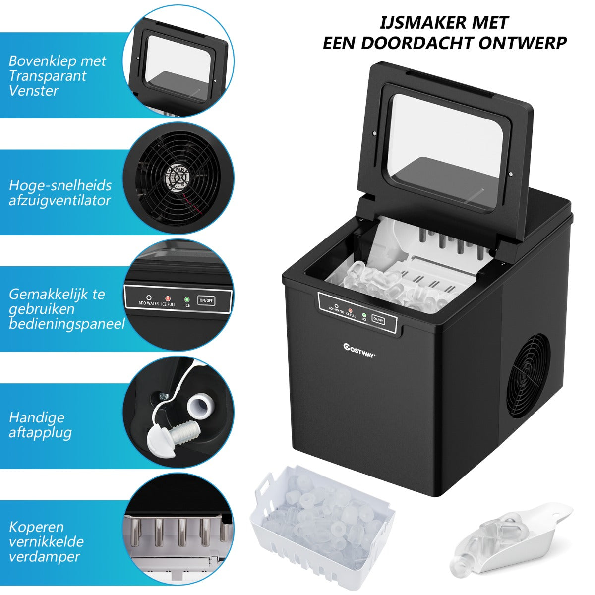LIVSK IJsblokjesmachine - Produceert 9 IJsblokjes in 8 Minuten - Tot 12 kg per Dag - Compact en Draagbaar - Zwart