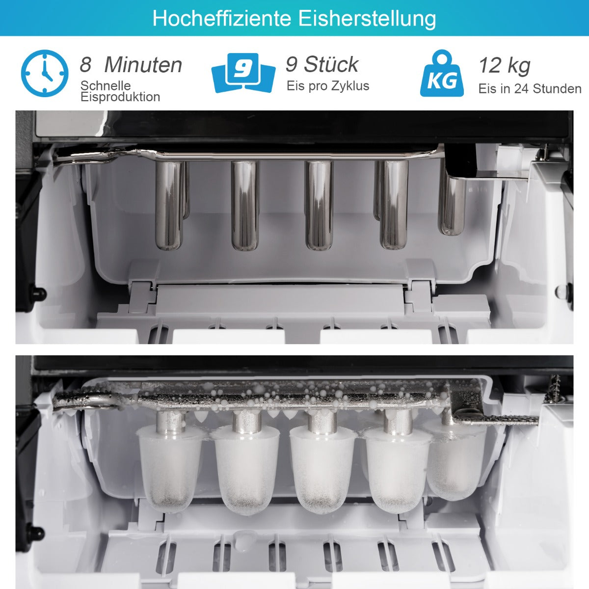 LIVSK IJsblokjesmachine - Produceert 9 IJsblokjes in 8 Minuten - Tot 12 kg per Dag - Compact en Draagbaar - Zwart
