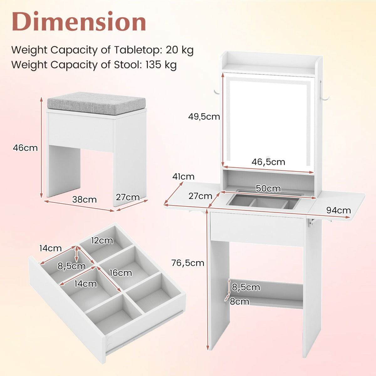Livsk costway compacte kaptafel met spiegel en verlichting met drie kleurenverlichtingsmodi 1 1