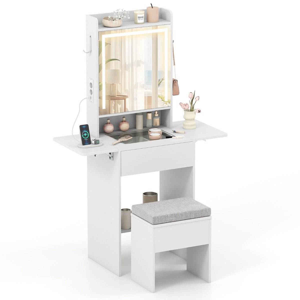 Livsk costway compacte kaptafel met spiegel en verlichting met drie kleurenverlichtingsmodi