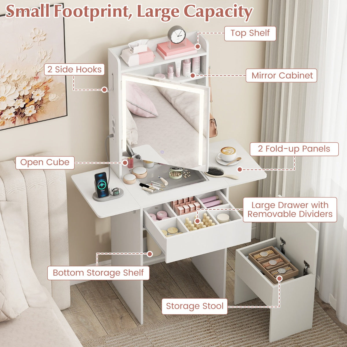 Livsk costway compacte kaptafel met spiegel en verlichting met drie kleurenverlichtingsmodi 2