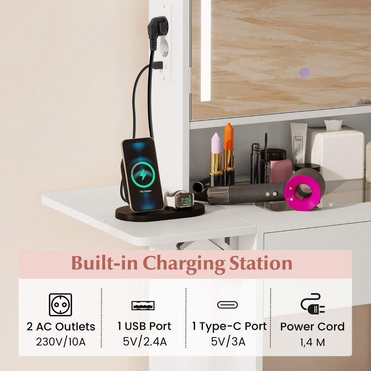 Livsk costway compacte kaptafel met spiegel en verlichting met drie kleurenverlichtingsmodi 5