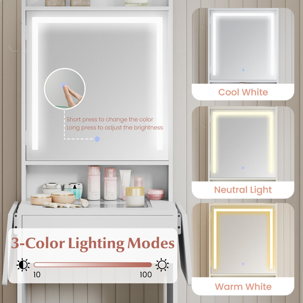 Livsk costway compacte kaptafel met spiegel en verlichting met drie kleurenverlichtingsmodi 6