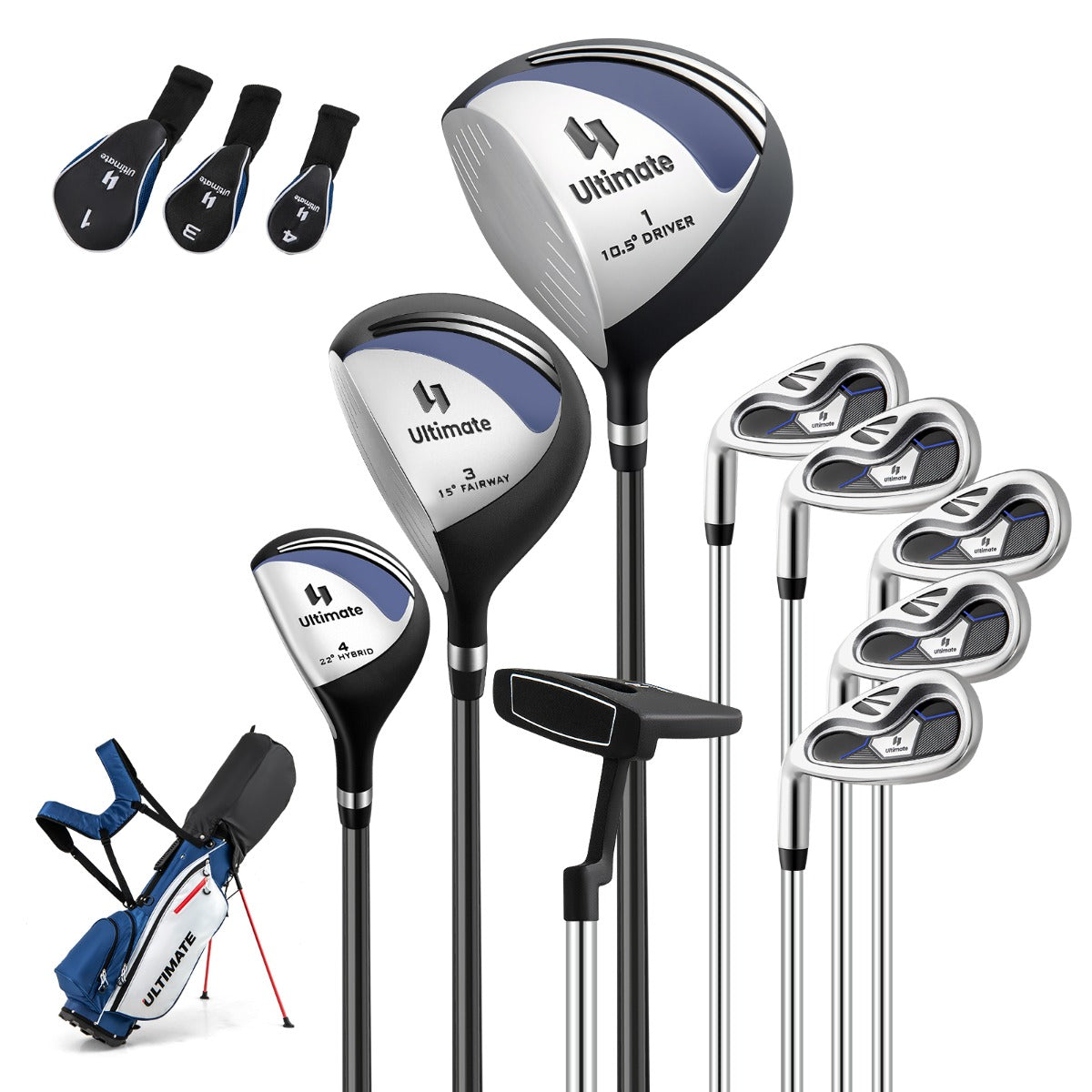 LIVSK Complete Golfset voor Linkshandige Heren - Inclusief Driver, IJzers en Putter - Draagbare Standtas met Regenhoes - Blauw