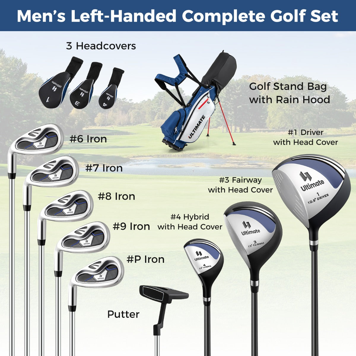 LIVSK Complete Golfset voor Linkshandige Heren - Inclusief Driver, IJzers en Putter - Draagbare Standtas met Regenhoes - Blauw