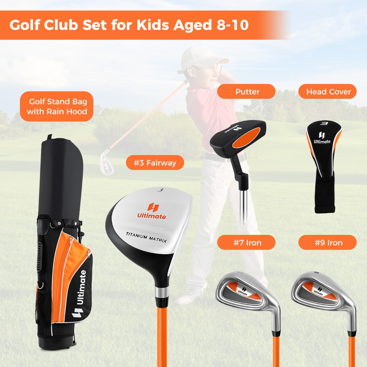 LIVSK Compleet Golfset voor Kinderen 8-10 Jaar - Inclusief #3 Fairwayhout, #7 & #9 IJzers, Putter, Draagtas - Oranje