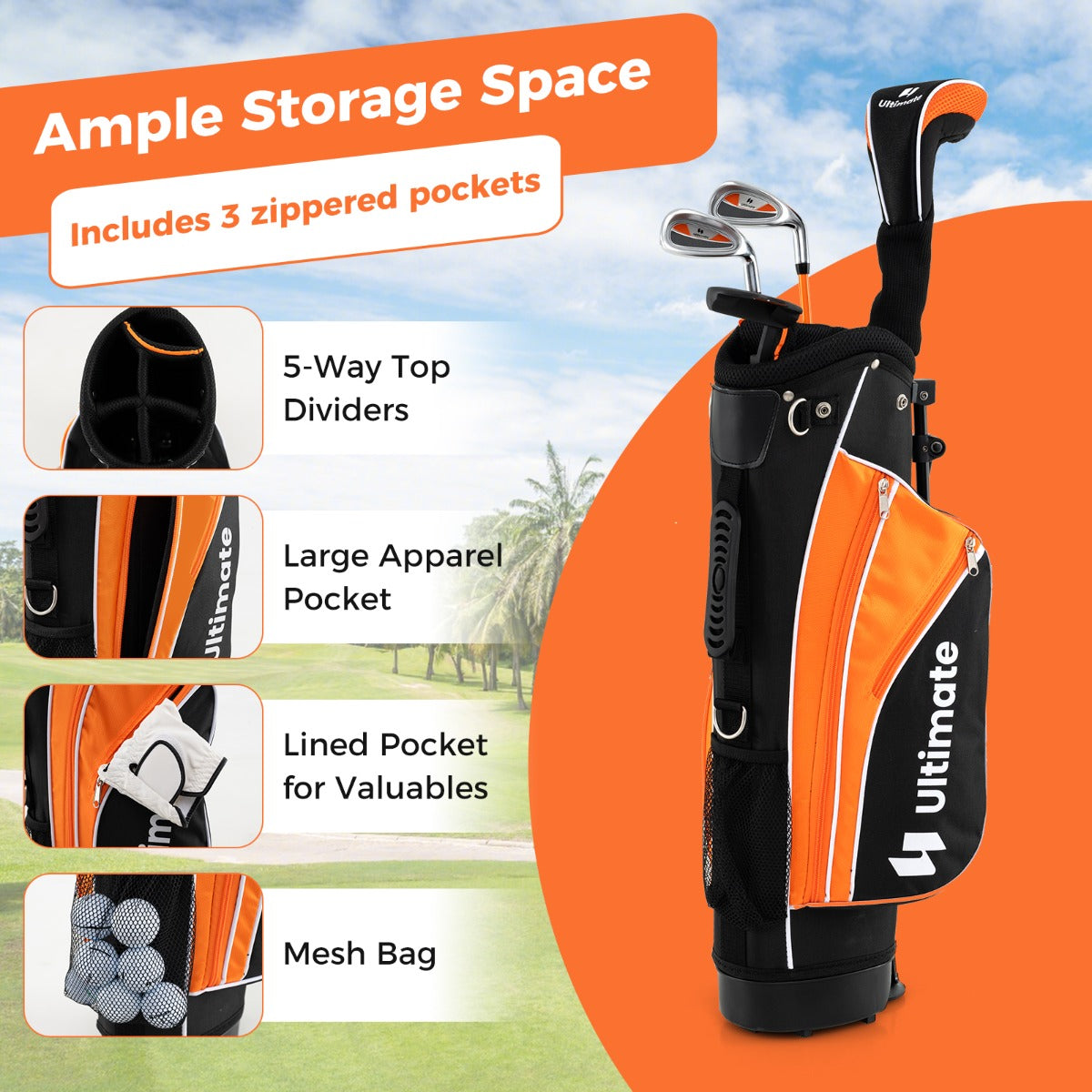 LIVSK Compleet Golfset voor Kinderen 8-10 Jaar - Inclusief #3 Fairwayhout, #7 & #9 IJzers, Putter, Draagtas - Oranje