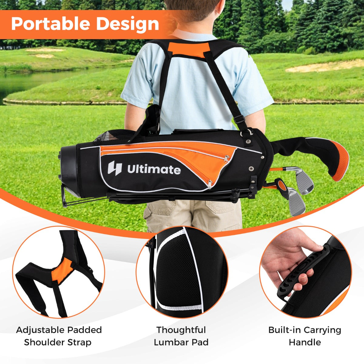 LIVSK Compleet Golfset voor Kinderen 8-10 Jaar - Inclusief #3 Fairwayhout, #7 & #9 IJzers, Putter, Draagtas - Oranje