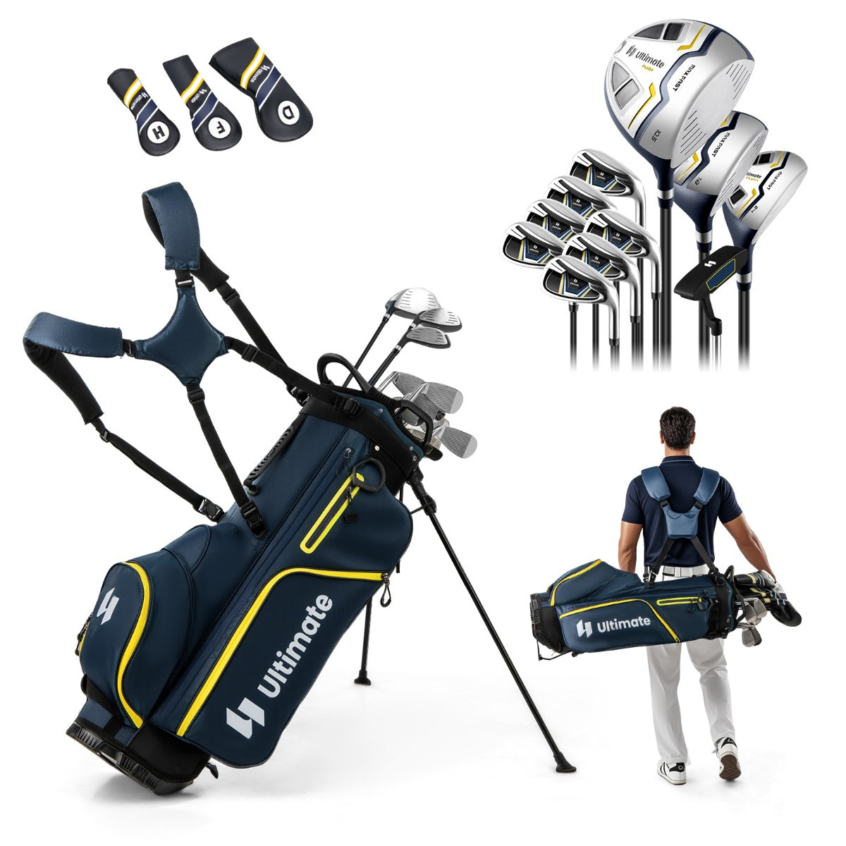 LIVSK 15-delige Golfset voor Heren - Graphite Shafts - Cavity Back IJzers - Mallet Putter - Golftas met Statief - Geel +