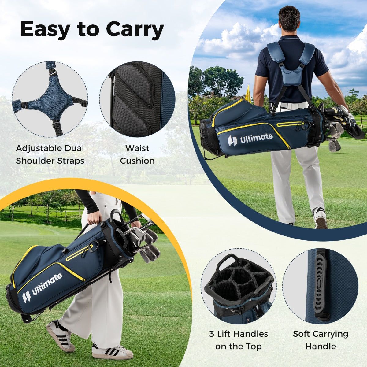 LIVSK 15-delige Golfset voor Heren - Graphite Shafts - Cavity Back IJzers - Mallet Putter - Golftas met Statief - Geel +