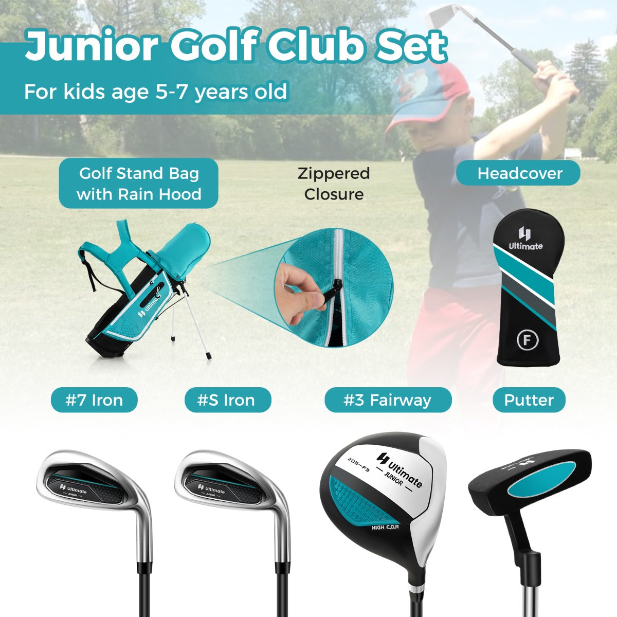 LIVSK Complete Junior Golfclubs Set voor Kinderen 5-7 Jaar - Inclusief #3 Fairway, #7 & S Ijzers, Putter - Driepootstas met