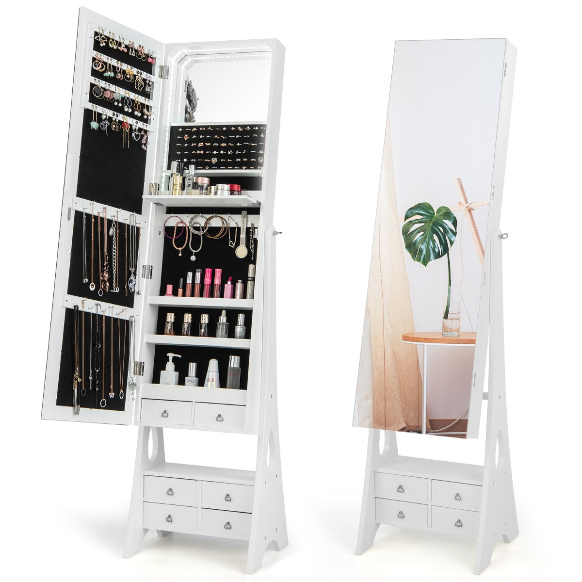 LIVSK Vrijstaande Juwelenkast met LED-verlichting - Verstelbare Spiegel - Uitklapbaar Make-up Plankje - 120 x 37 x 11 cm - Wit