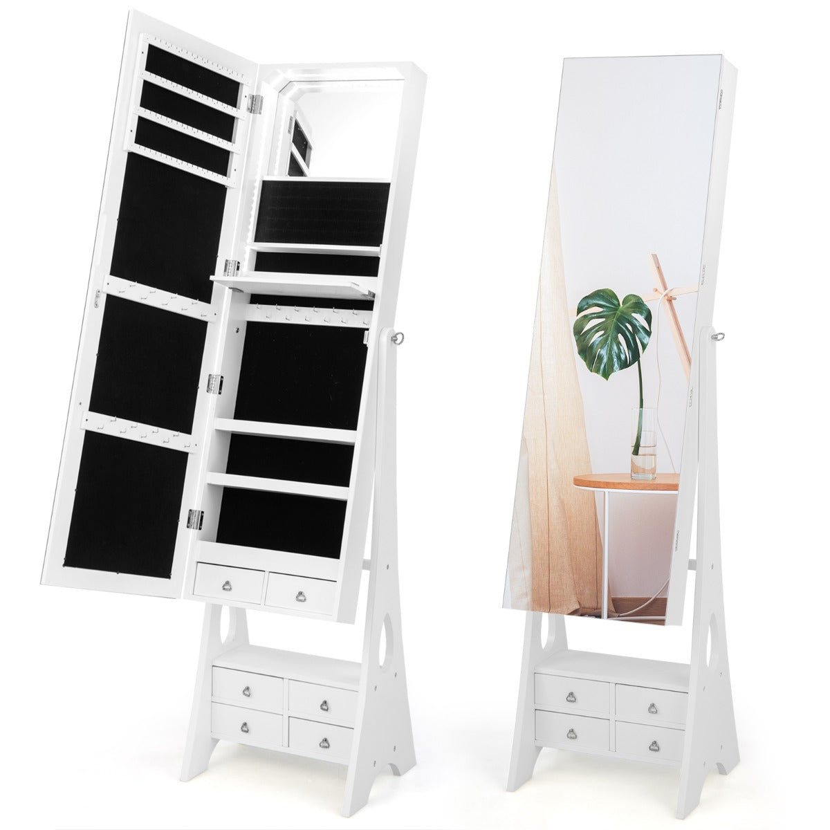 LIVSK Vrijstaande Juwelenkast met LED-verlichting - Verstelbare Spiegel - Uitklapbaar Make-up Plankje - 120 x 37 x 11 cm - Wit