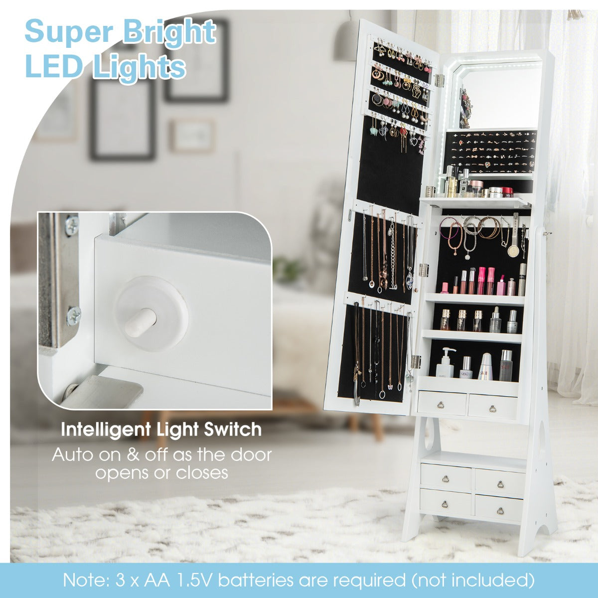 LIVSK Vrijstaande Juwelenkast met LED-verlichting - Verstelbare Spiegel - Uitklapbaar Make-up Plankje - 120 x 37 x 11 cm - Wit