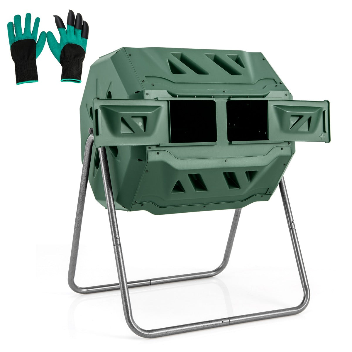 LIVSK Roterende Composter met Dubbele Kamer - 160L Capaciteit - 360° Draaiend - Schuifdeuren - Ventilatie - Groen