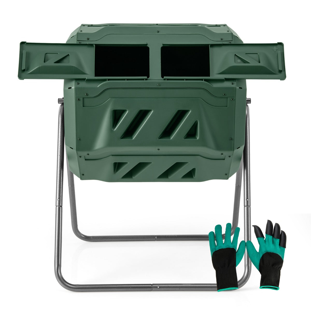 LIVSK Roterende Composter met Dubbele Kamer - 160L Capaciteit - 360° Draaiend - Schuifdeuren - Ventilatie - Groen