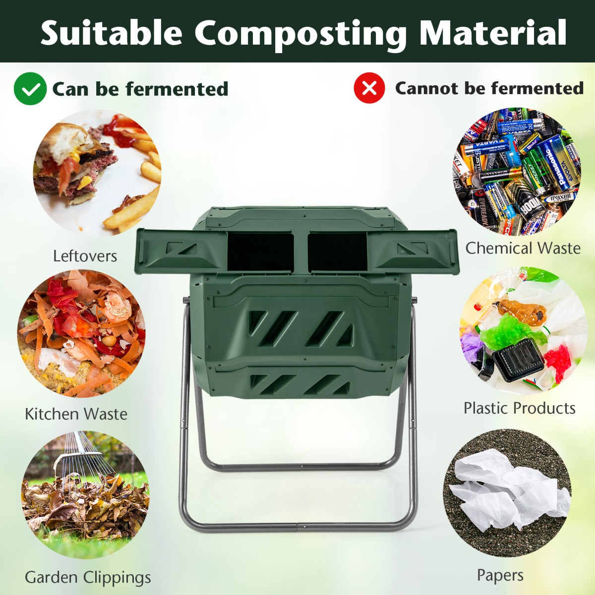 LIVSK Roterende Composter met Dubbele Kamer - 160L Capaciteit - 360° Draaiend - Schuifdeuren - Ventilatie - Groen