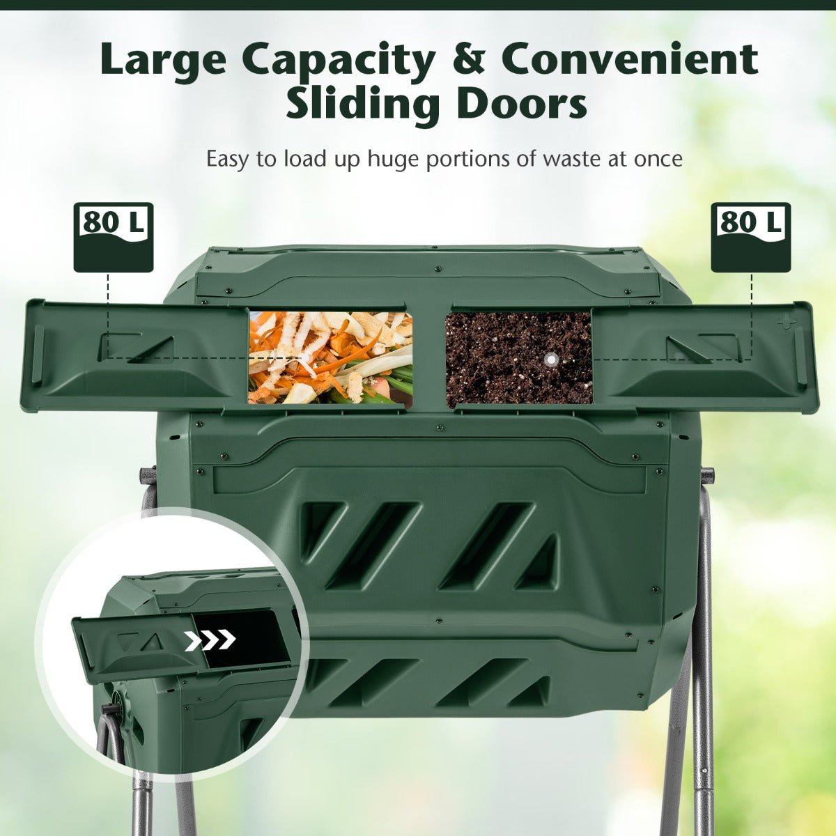 LIVSK Roterende Composter met Dubbele Kamer - 160L Capaciteit - 360° Draaiend - Schuifdeuren - Ventilatie - Groen