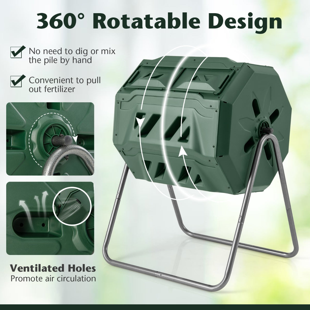 LIVSK Roterende Composter met Dubbele Kamer - 160L Capaciteit - 360° Draaiend - Schuifdeuren - Ventilatie - Groen