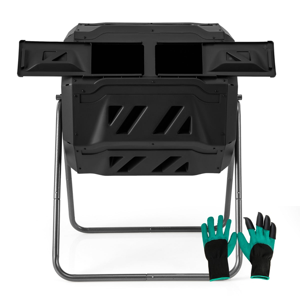 Livsk costway composter 160l dubbele kamercompostspinner met 2 schuifdeuren robuust metalen frame 360 roterende composter zwart 1
