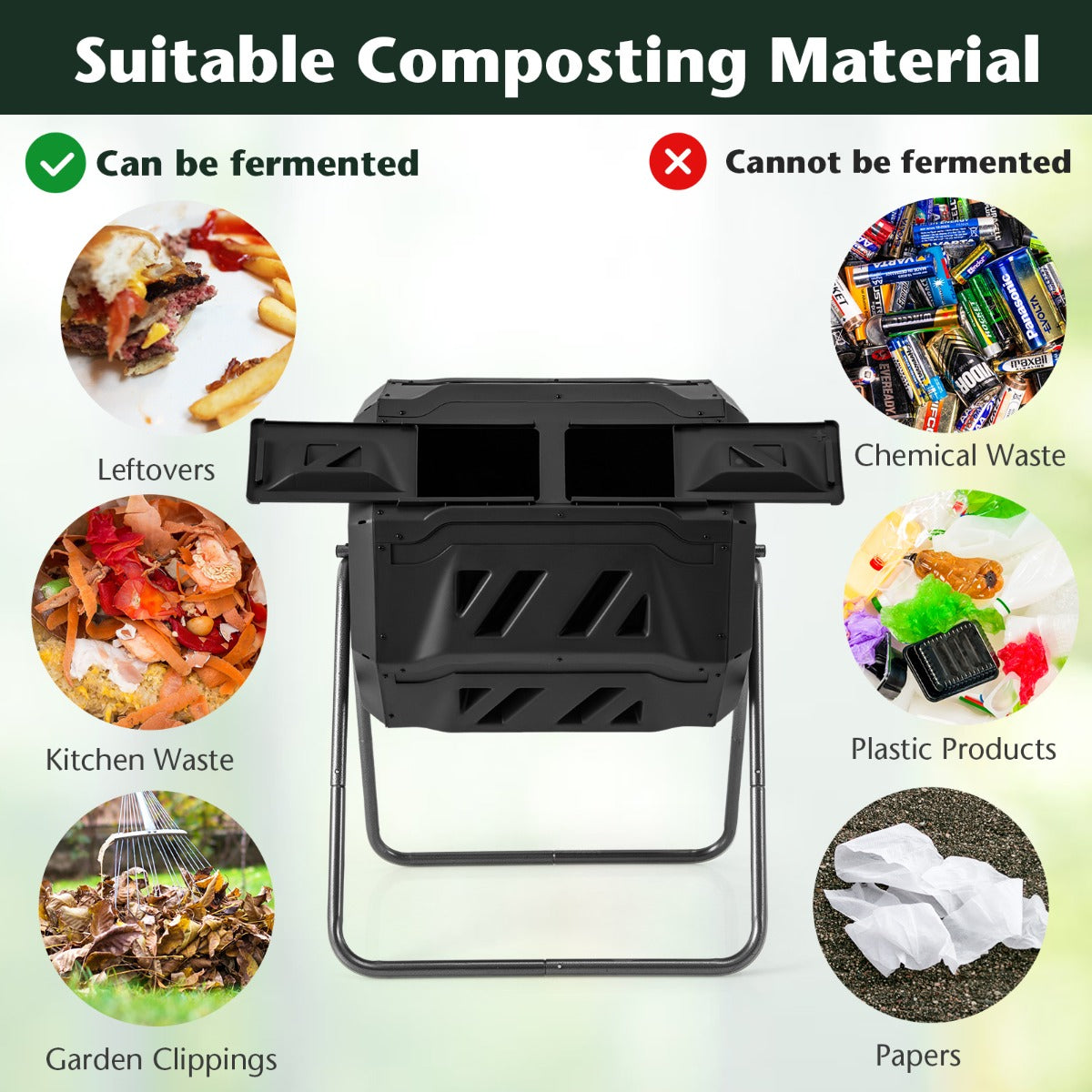 Livsk costway composter 160l dubbele kamercompostspinner met 2 schuifdeuren robuust metalen frame 360 roterende composter zwart