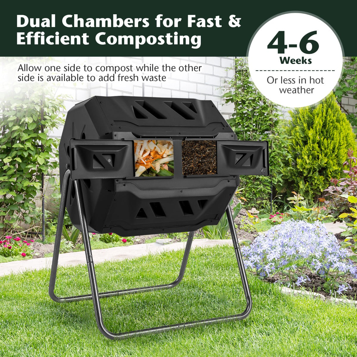 Livsk costway composter 160l dubbele kamercompostspinner met 2 schuifdeuren robuust metalen frame 360 roterende composter zwart