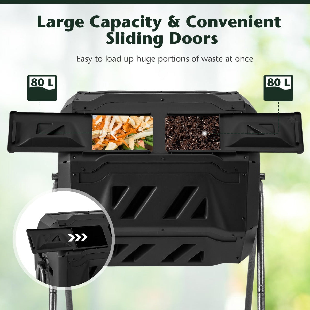 Livsk costway composter 160l dubbele kamercompostspinner met 2 schuifdeuren robuust metalen frame 360 roterende composter zwart