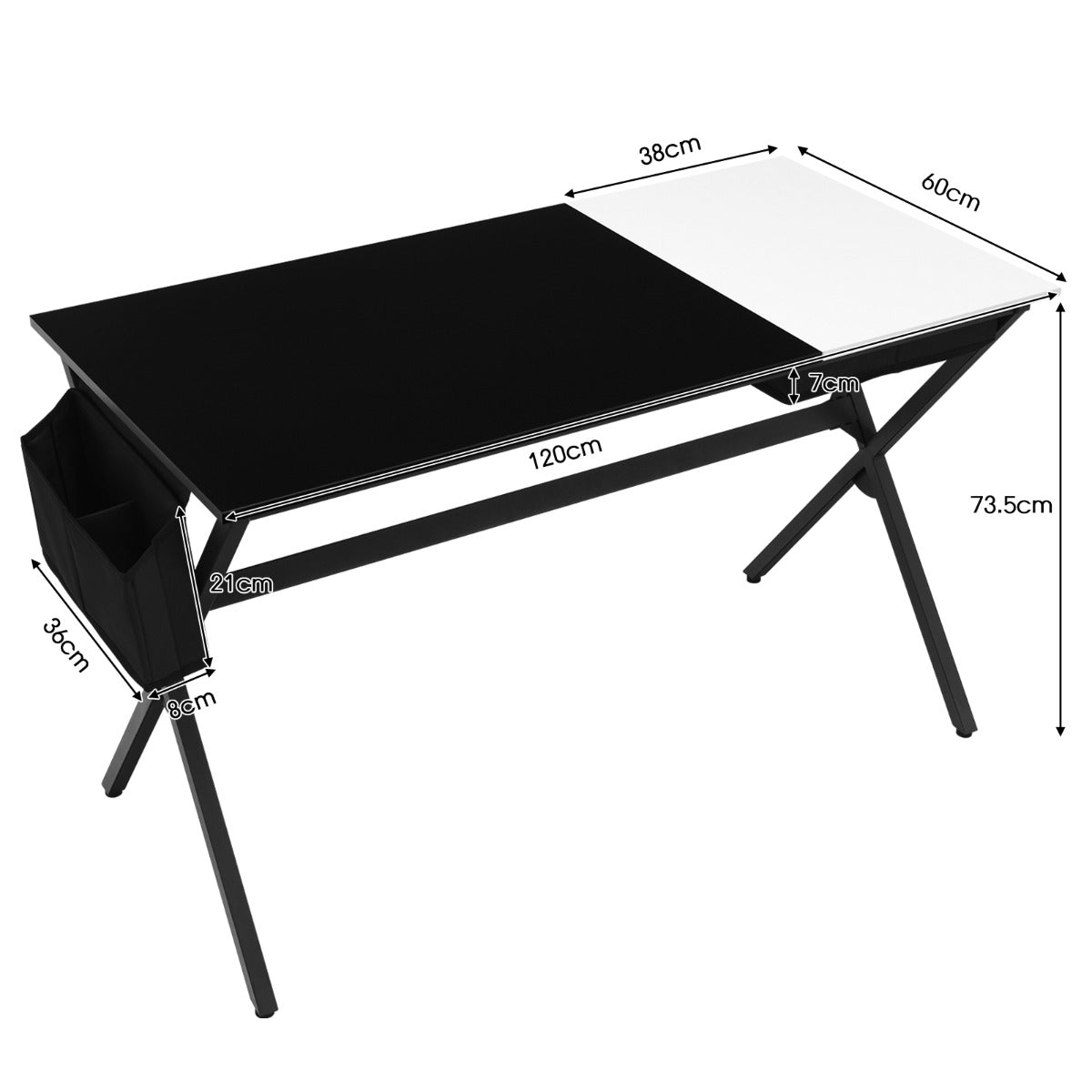 LIVSK Computerbureau met Inklapbare Lade en Opbergzak - Stevig X-vormig Frame - Ruim Werkblad 120 x 60 cm - Zwart/Wit