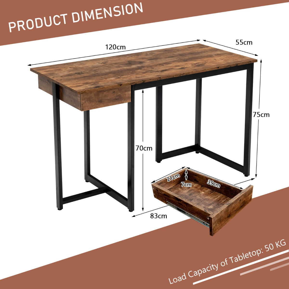 LIVSK Computerbureau 120 x 55 x 75 cm - Diepe Lade - Verstelbare Voetsteunen - Stevige Metalen Constructie - Rustiek bruin