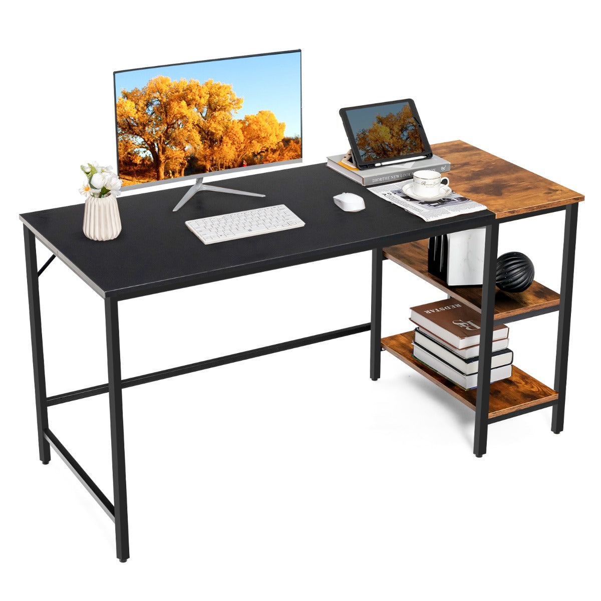 LIVSK Industrieel Computerbureau met Opbergplanken - Ruim Blad - Stalen Frame - Afneembare Plank - 140 x 60 x 74 cm -