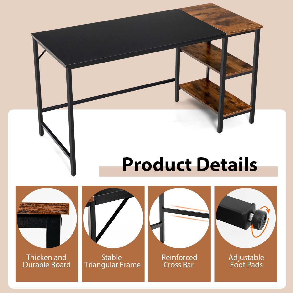 LIVSK Industrieel Computerbureau met Opbergplanken - Ruim Blad - Stalen Frame - Afneembare Plank - 140 x 60 x 74 cm -
