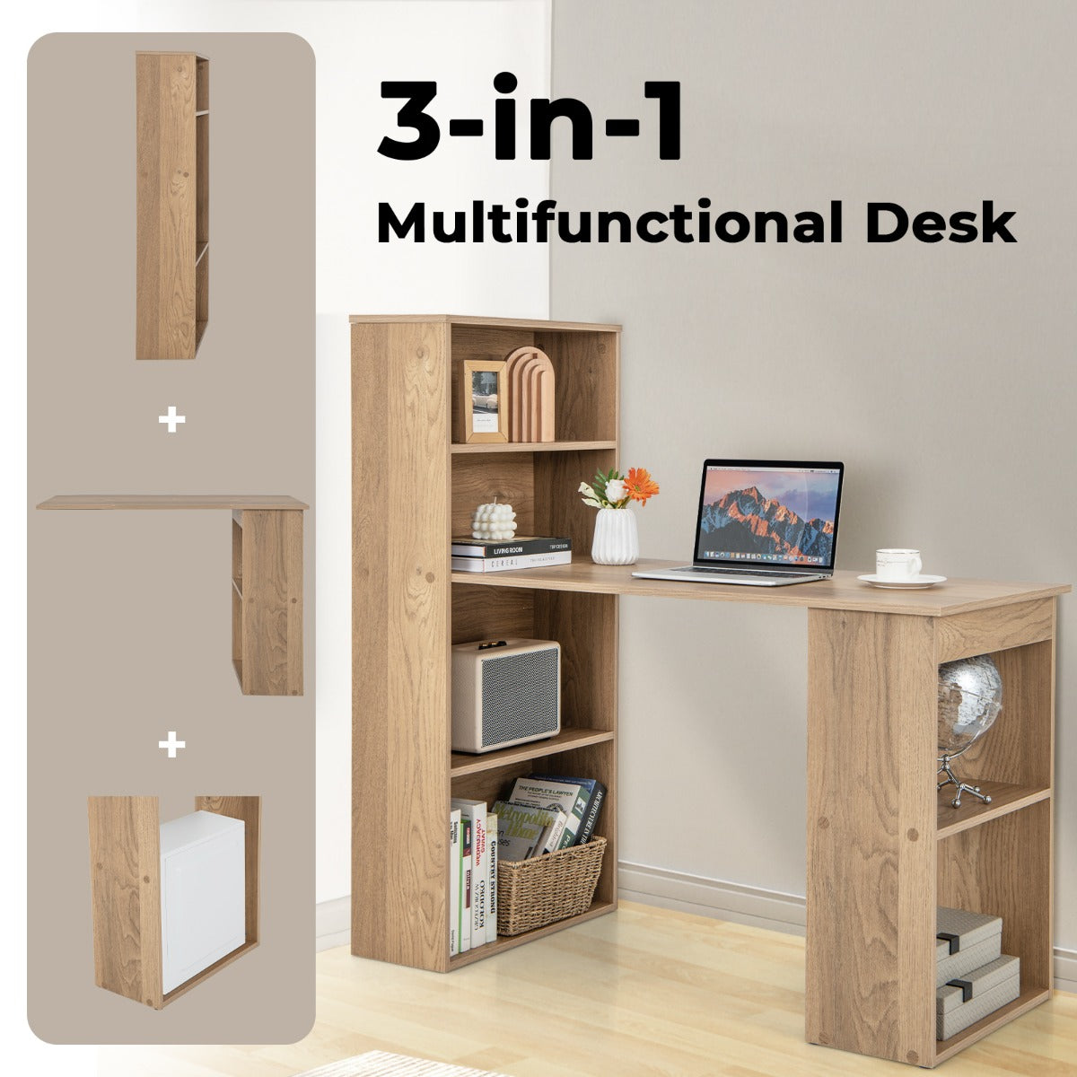 LIVSK Computerbureau met Boekenkast - Ruime Opbergruimte - Verwijderbare Plank - Duurzaam en Stabiel - 122 x 51 x 122 cm - Natuur