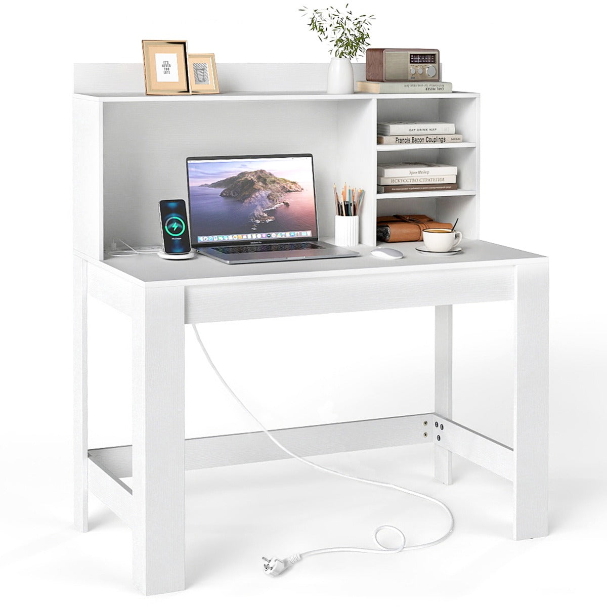 Livsk costway computerbureau met extra kast kantoorbureau met stopcontacten en kabelbeheer wit