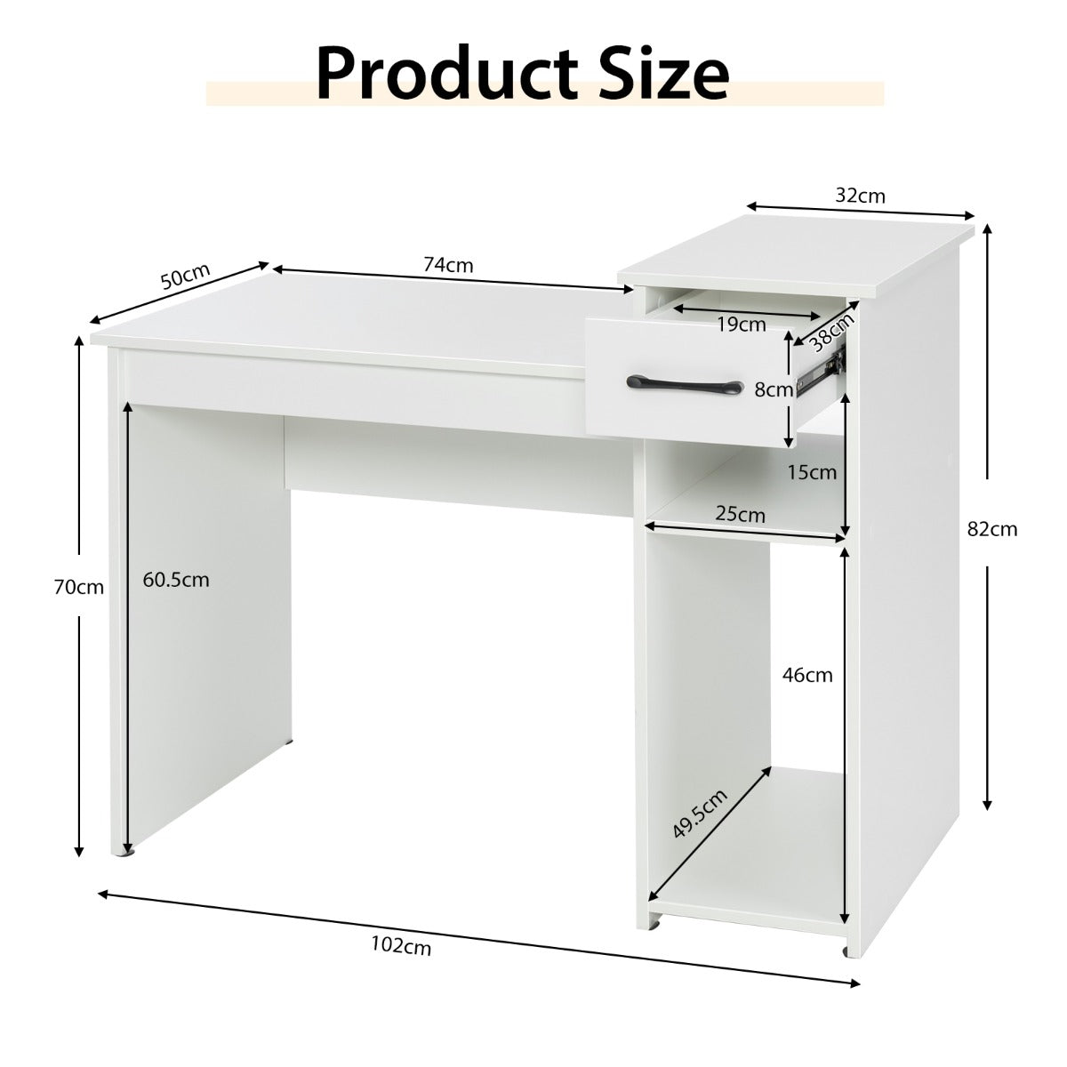 LIVSK Bureau met Schuiflade en Opbergruimte - Breed Tafelblad - Verhoogd Platform - Stevige Constructie - 102 x 50 x 82 cm - Wit