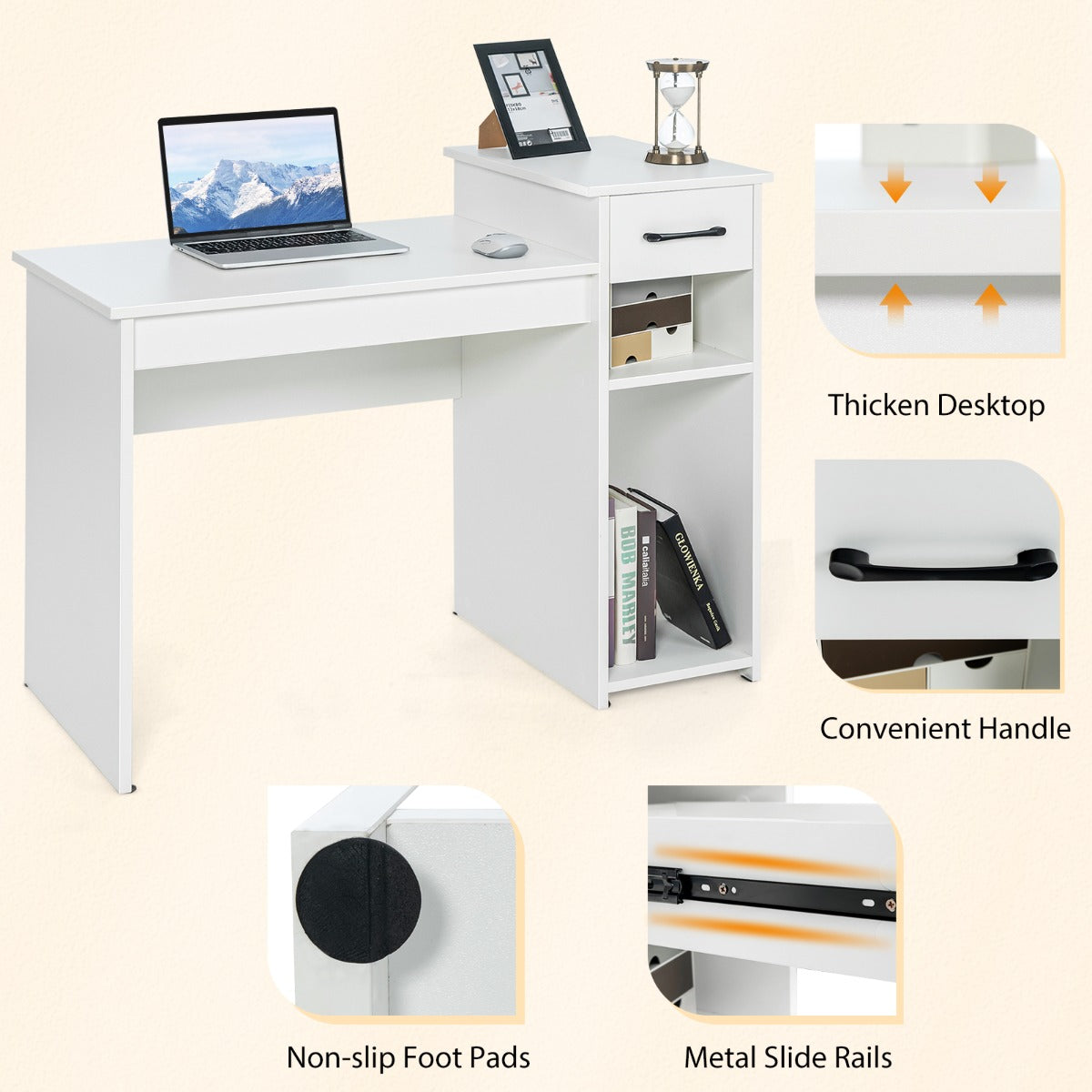 LIVSK Bureau met Schuiflade en Opbergruimte - Breed Tafelblad - Verhoogd Platform - Stevige Constructie - 102 x 50 x 82 cm - Wit