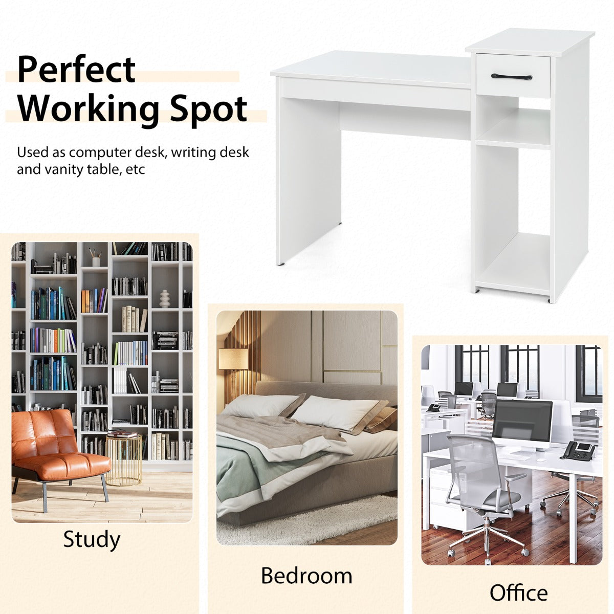LIVSK Bureau met Schuiflade en Opbergruimte - Breed Tafelblad - Verhoogd Platform - Stevige Constructie - 102 x 50 x 82 cm - Wit